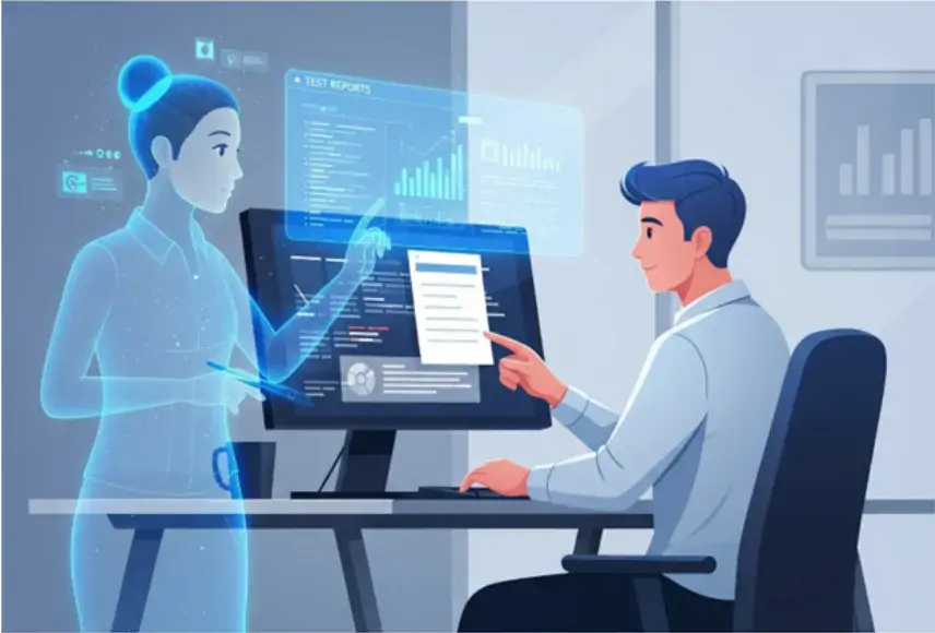 Illustration of AI assisting a QA team in automating test